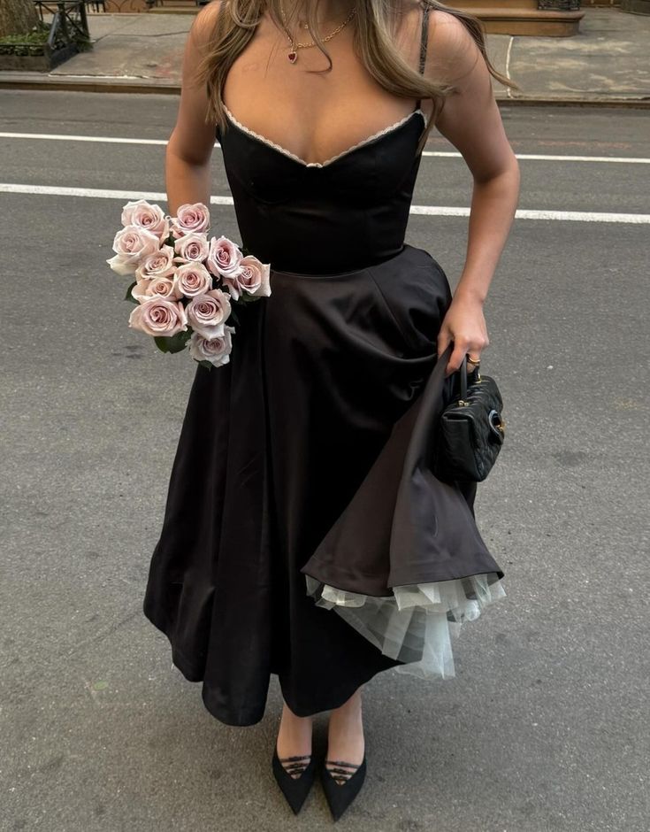 TingPo Wholesale Vintage A Line Straps Black Satin Prom Dresses Party Evening Dress